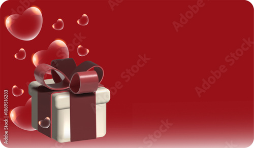 Gift card or greeting card with illustrated beige gift box and transparent hearts on solid red background with copy space