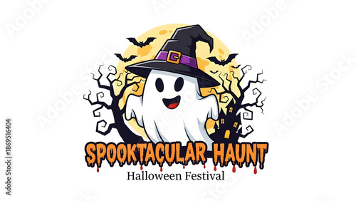 Cartoon Ghost Wearing Black Witch Hat.