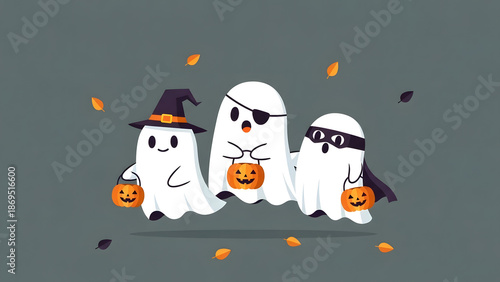 Cartoon Ghosts with Halloween Costumes and Pumpkins.