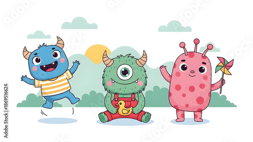 Cartoon Monsters Playing Together Happily.