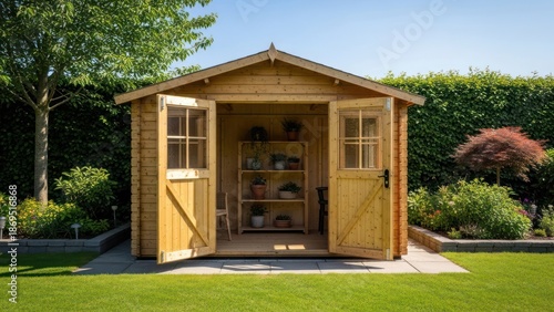 A small wooden structure with open doors reveals a shelf display in a sunny garden setting