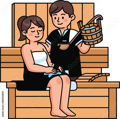 A cartoon image of a man and woman sitting on a wooden bench