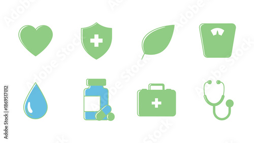 Health and Medical Icons: Heart, Shield, Leaf, Scales, Drop, Pills, First Aid, Stethoscope