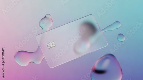 A transparent card floats with fluid elements, set against a gradient background