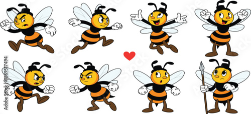 Cartoon Bee Mascot Character Set Featuring Eight Various Poses Including Running Fighting and Carrying Spear for Sports Team Logo Illustration