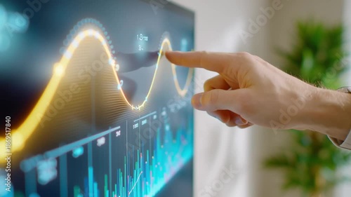 Hand points and swipes along glowing line chart on large digital display; data points pulse and bars update as the finger tracks the curve in real-time fintech analytics interface for trading.
