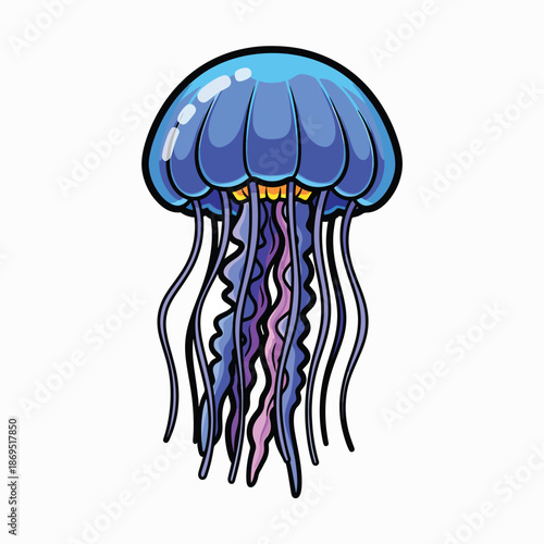 A cartoonish blue jellyfish with purple tentacles