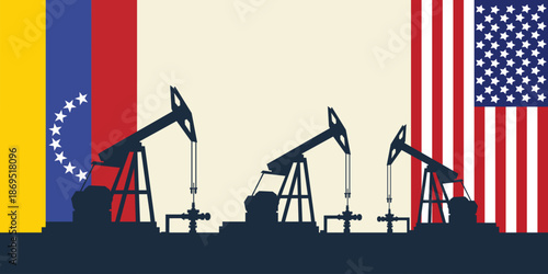 Oil rig pumpjack background. American and Venezuelan petroleum industry. united states of america flag and venezuela flag