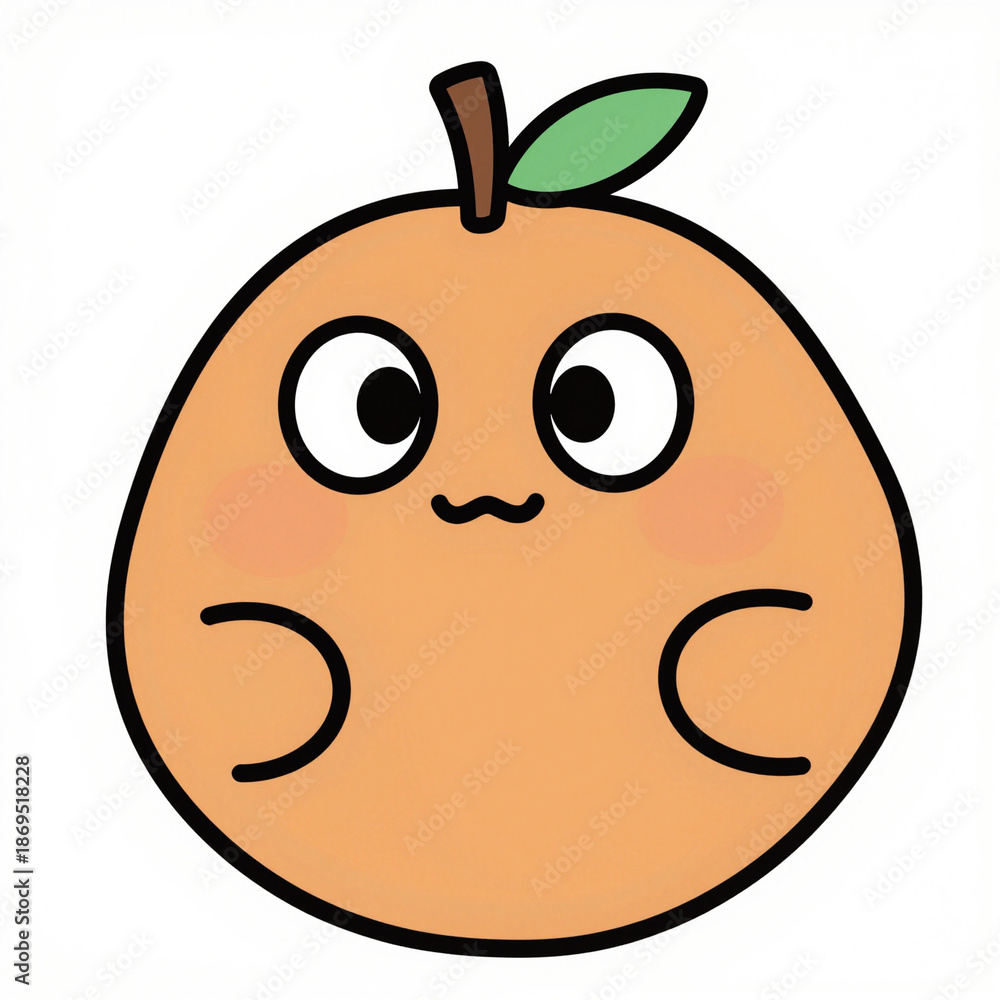 Fototapeta premium Cheerful orange cartoon with big eyes, blushing cheeks, leaf, and bold outline on a white background