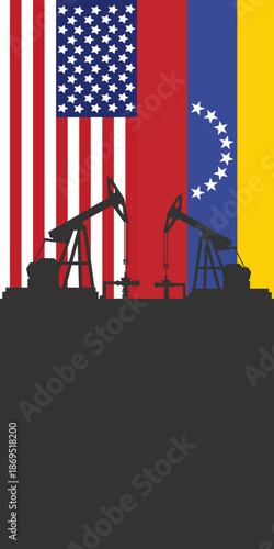 Oil rig pumpjack background. American and Venezuelan petroleum industry. united states of america flag and venezuela flag