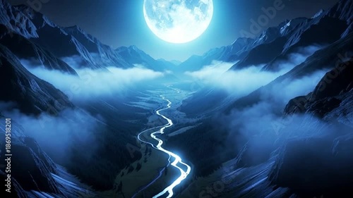 Moonlit Mountain Landscape with River.