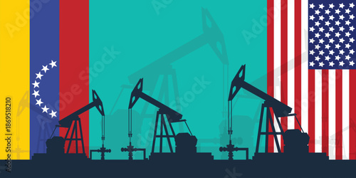 Oil rig pumpjack background. American and Venezuelan petroleum industry. united states of america flag and venezuela flag