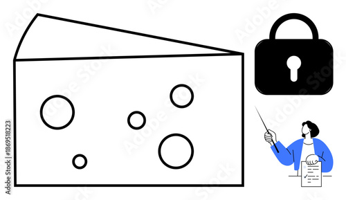 Large Swiss cheese piece with holes, padlock symbolizing security, person pointing to paper. Ideal for cybersecurity, safety assessment, risk management, education, visualization, data protection