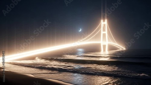 Suspension Bridge at Night with Light Trails.