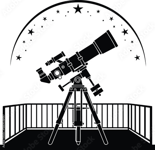 Black and white telescope vector illustration on an observation deck under a starry sky arch, astronomical equipment for space exploration and stargazing,