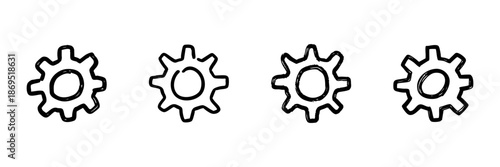 Four Gear Icons In Doodle Style. Mechanical Engineering, Process Optimization, And System Configuration Outline Sketch Collection. Hand Drawn Isolated Vector Illustration