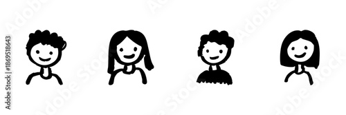 Four Smiling Faces Line Icon Set In Doodle Style. Diverse Characters And Expressions Outline Sketch Collection. Hand Drawn Isolated Vector Illustration