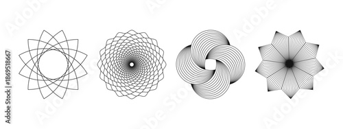 Set of concentric ornaments. Graphic flower shapes. Collection of garmonic symmetric wireframe elements. Spirograph or guilloche templates isolated on white background. Vector graphic illustration
