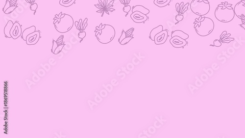 Seamless pattern vegetable and fruits like corn, avocado, tomato, beetroot, and a cannabis leaf on a light pink background, creating a whimsical and healthy food-themed design.