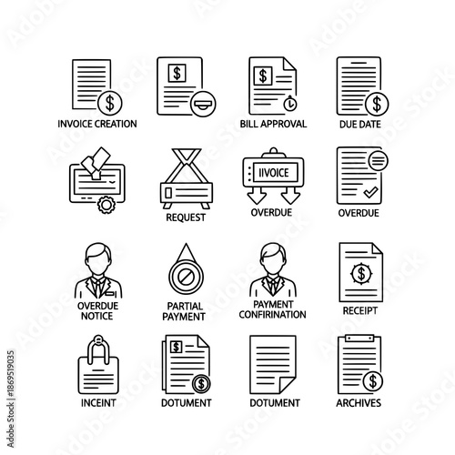 Invoice management outline icon set vector for billing workflows
