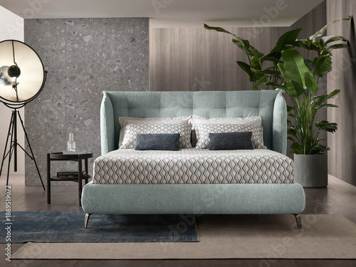 Modern luxury bedroom interior in minimal scandinavian style, 3d render
