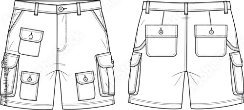 Cargo shorts technical fashion illustration, front and back view, utility pocket design, casual menswear apparel cad drawing flat vector illustration
