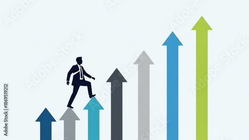 Businessman climbing up colorful arrows symbolizing growth and success