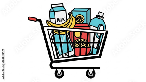 Colorful grocery cart filled with fresh food and household items