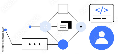 Data visualization, programming, user interaction, interface design, IT systems, coding. Abstract diagram with icons of a person, code and flowchart connections. Data visualization and programming