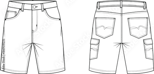 cargo, shorts, technical, drawing, front, back, view, cad, flat, vector, illustration, fashion, clothing, garment, casual, utility, apparel, design, template, outline