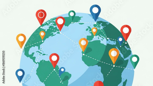 Global connections map with colorful location pins and routes