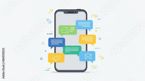 Mobile phone with colorful chat bubbles for communication