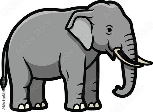 A cartoonish gray elephant with a large body and tusks