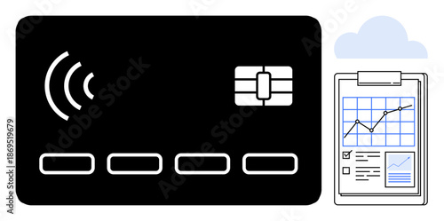 Digital payments, financial technology, contactless transactions, data analytics, business growth, investment management. Black payment card with icons and financial report clipboard. Digital
