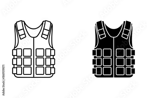 Black and white tactical vest with multiple pockets and straps illustrated in line style bulletproof vest