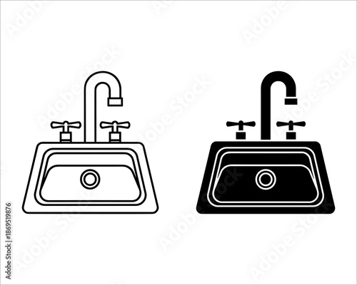 Two bathroom sinks with faucets and handles in black and white line style