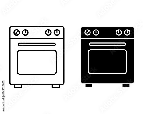 Two black and white oven side by side with control knobs and oven doors stove kitchen appliance