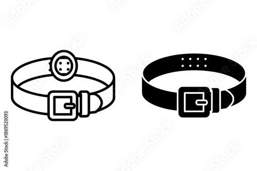 Two black wristbands with buckles and one featuring a circular connector