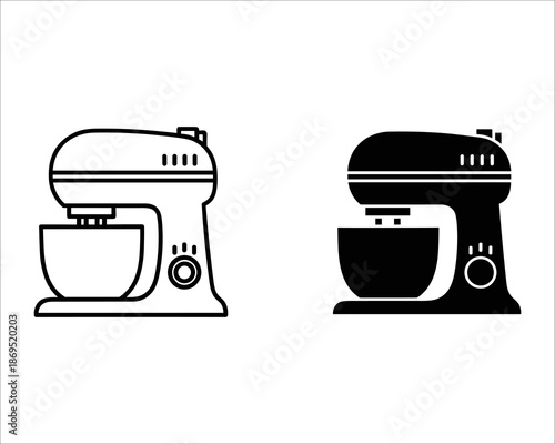 Two kitchen mixers one white and one black with bowls and controls white mixer black mixer mixing bowl