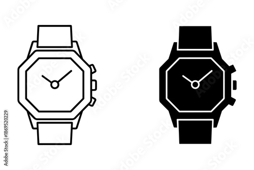 Two octagonal wristwatches with black and white color schemes and analog watch timepiece