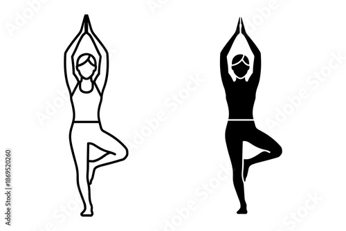 Two people performing yoga tree pose in black and white line black and white exercise