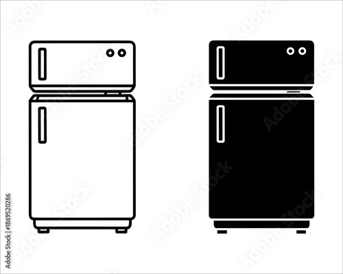 Two retro style refrigerators one white and one black with handles and knobs vintage