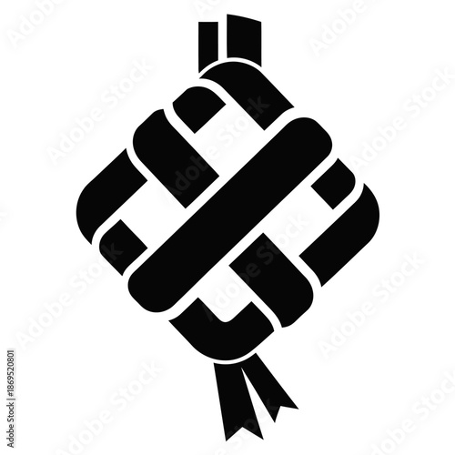 Abstract ketupat logo formed from four interlocking black shapes in a minimalist geometric flat vector style on a clean white background, ideal for modern Ramadan and Eid branding.