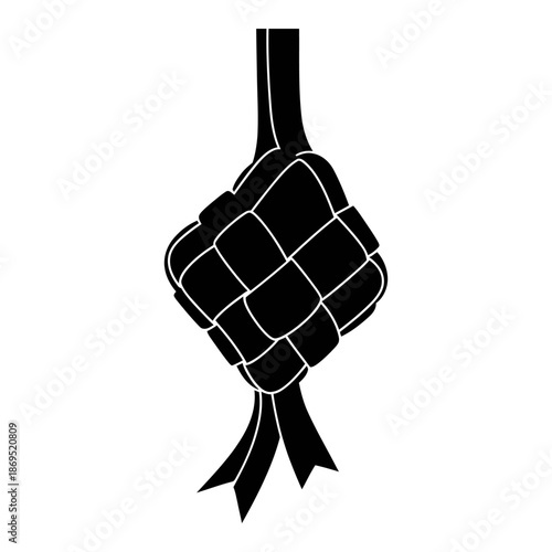 Abstract ketupat logo formed from four interlocking black shapes in a minimalist geometric flat vector style on a clean white background, ideal for modern Ramadan and Eid branding.