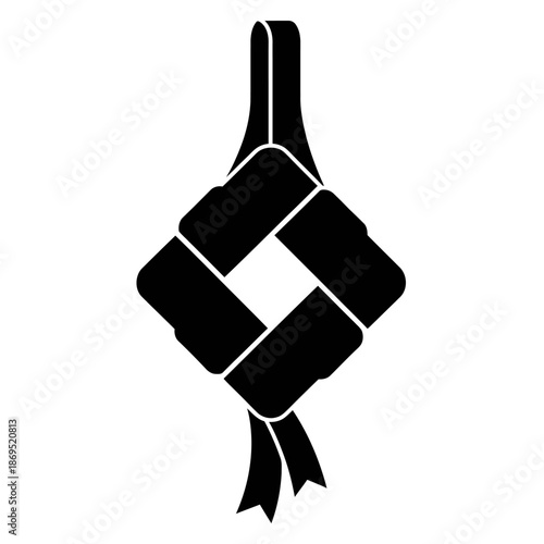 Abstract ketupat logo formed from four interlocking black shapes in a minimalist geometric flat vector style on a clean white background, ideal for modern Ramadan and Eid branding.