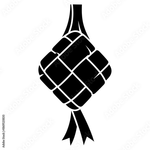 Abstract ketupat logo formed from four interlocking black shapes in a minimalist geometric flat vector style on a clean white background, ideal for modern Ramadan and Eid branding.