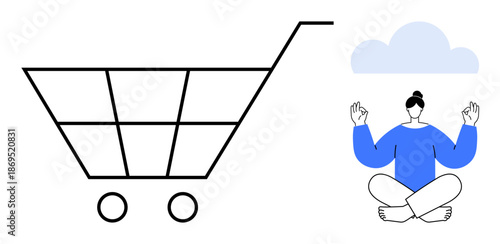 E-commerce, mindfulness, online shopping, mental health, digital transformation, lifestyle. Shopping cart and meditating person under a cloud. Mindfulness and e-commerce balance concept