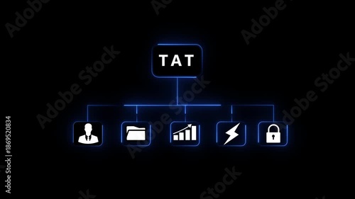 Business hierarchy diagram with TAT acronym at the linked to for a person a folder a bar graph a lightning bolt and a padlock on a black background Keywords: TAT, turn around time