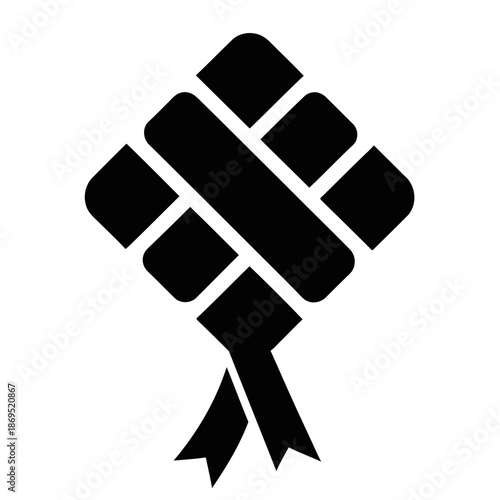 Abstract ketupat logo formed from four interlocking black shapes in a minimalist geometric flat vector style on a clean white background, ideal for modern Ramadan and Eid branding.