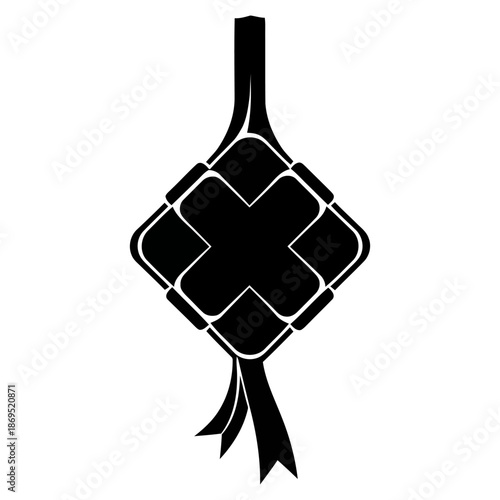 Abstract ketupat logo formed from four interlocking black shapes in a minimalist geometric flat vector style on a clean white background, ideal for modern Ramadan and Eid branding.